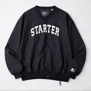 Y2K STARTER Windbreaker Pullover Jacket Size XL Black Nylon Spell Out Streetwear